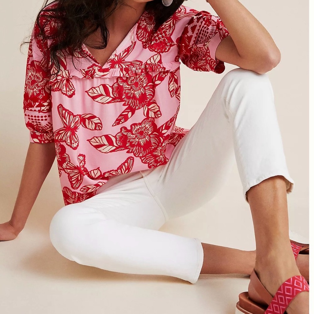 Women's Pink and Red Floral V-Neck Blouse - Picture 7 of 10